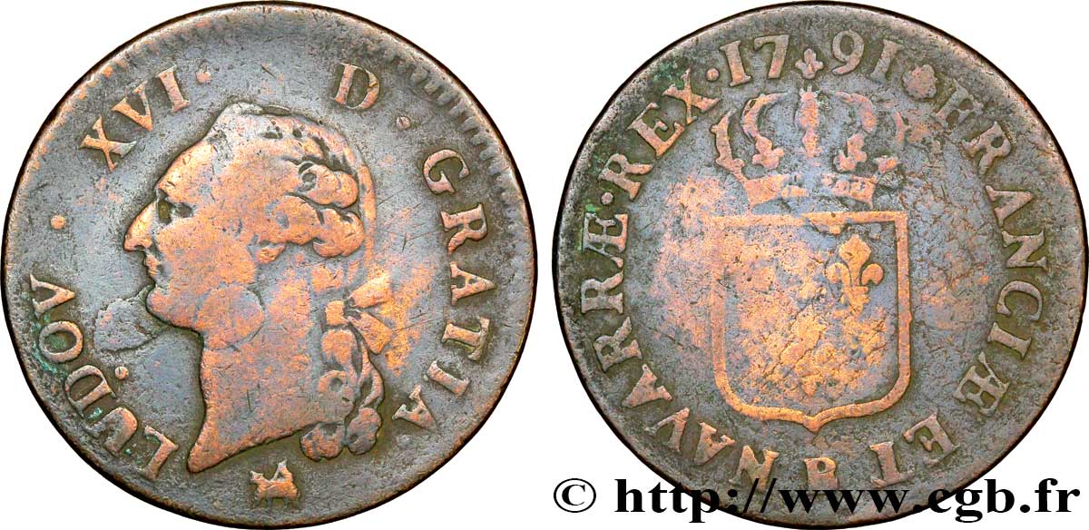 LOUIS XVI Sol dit &nbsp;à l&nbsp;écu&nbsp; 1791 Rouen TB