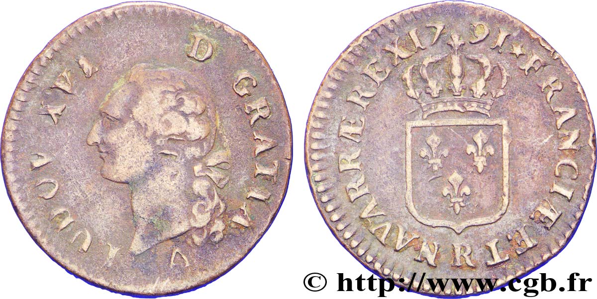LOUIS XVI (MONARQUE CONSTITUTIONNEL)  Sol dit &nbsp;à l&nbsp;écu&nbsp; 1791 Orléans TB