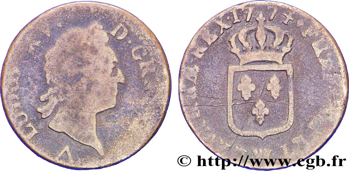 LOUIS XV DIT LE BIEN AIMÉ Sol dit &nbsp;à la vieille tête&nbsp; 1774 Lille B/B+