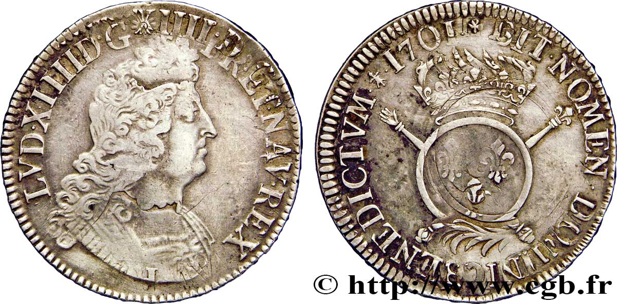 LOUIS XIV LE GRAND OU LE ROI SOLEIL Écu aux insignes 1701 Caen TTB