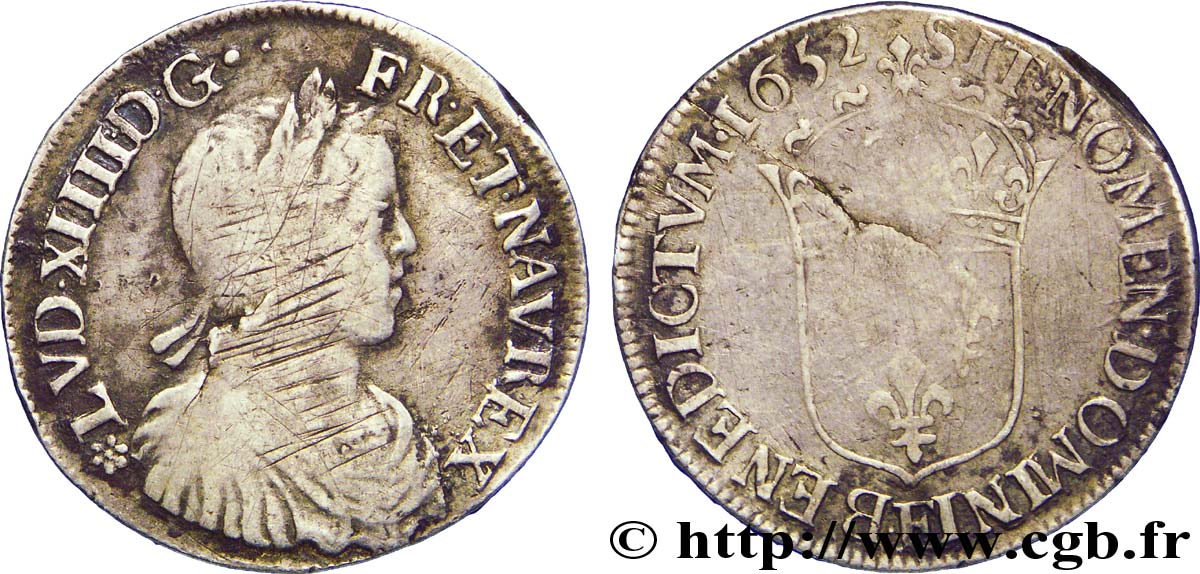 LOUIS XIV LE GRAND OU LE ROI SOLEIL Demi-écu, portrait à la mèche longue 1652 Tours TB+/TB