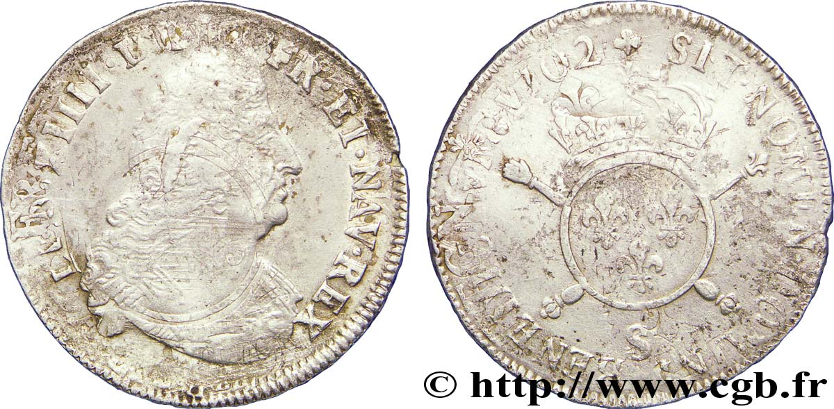 LOUIS XIV LE GRAND OU LE ROI SOLEIL Demi-écu aux insignes 1702 Reims TB+/TTB