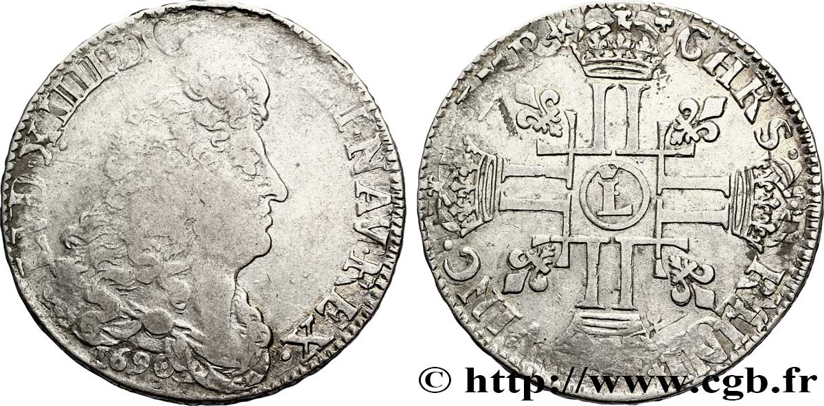 LOUIS XIV  THE SUN KING  Demi-écu aux huit L, 1er type 1690 Lille VF/VF