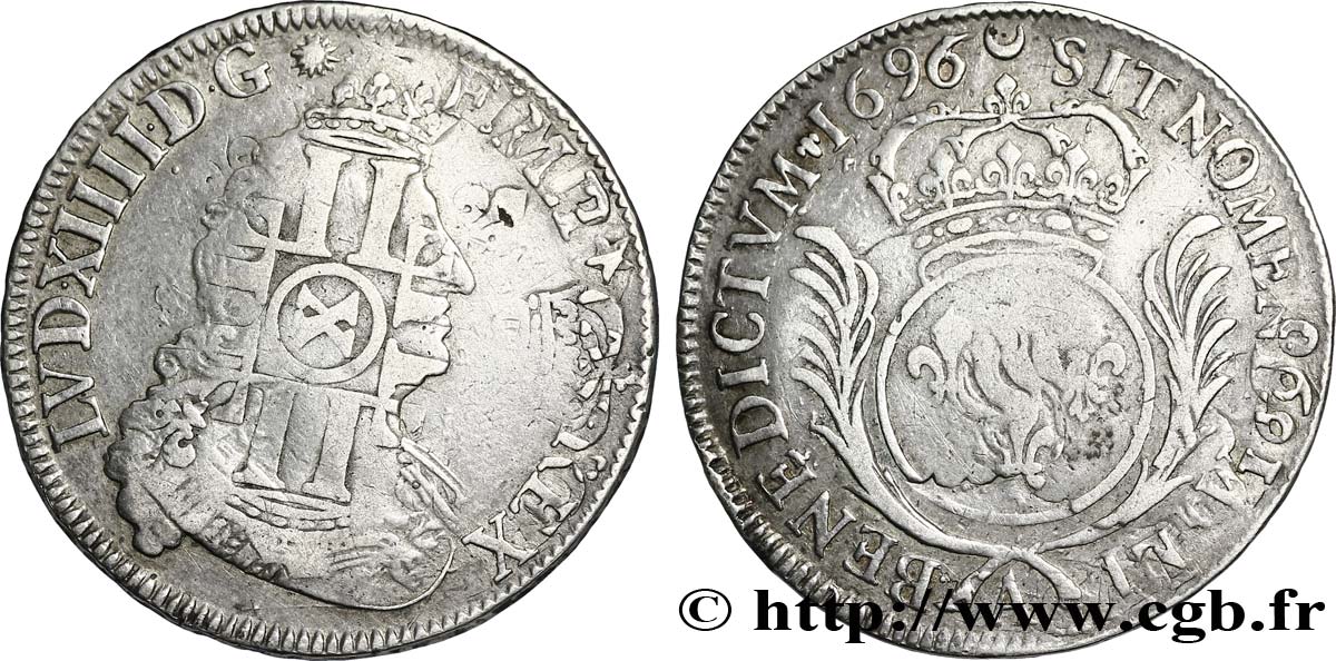 LOUIS XIV  THE SUN KING  Demi-écu aux palmes 1696 Paris VF