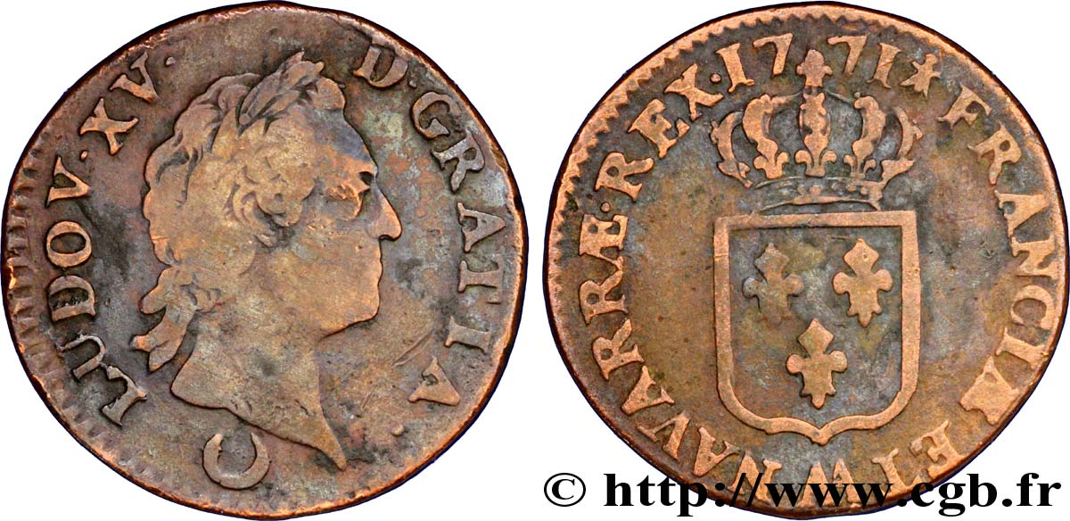 LOUIS XV DIT LE BIEN AIMÉ Sol dit “à la vieille tête” 1771 Metz TB/TB+