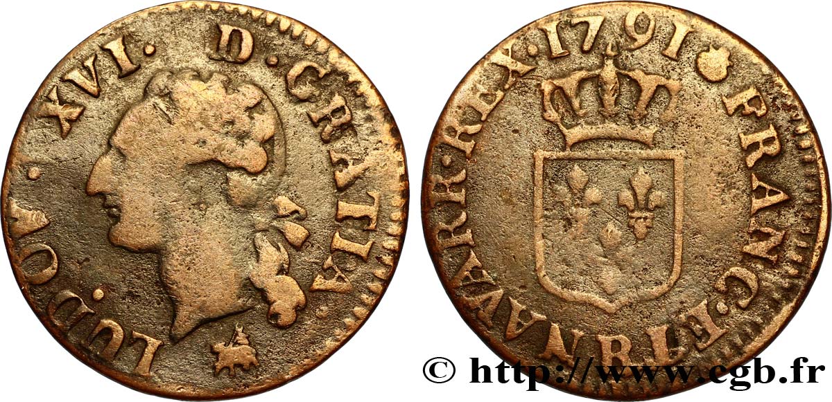 LOUIS XVI Liard dit “à l écu” 1791 Rouen TB
