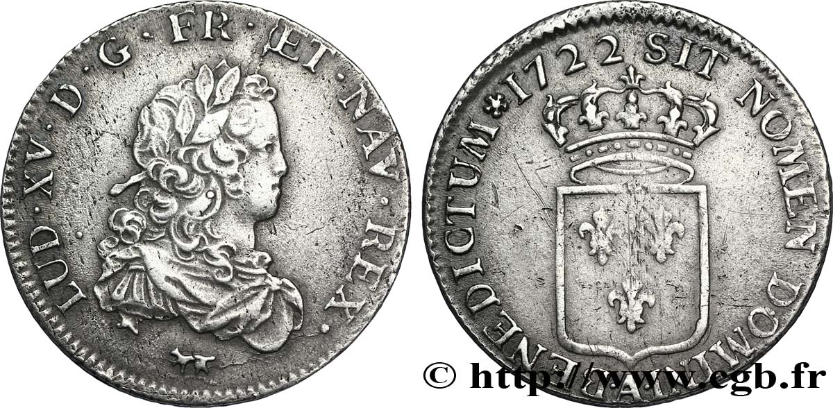 LOUIS XV THE BELOVED Tiers d écu de France 1722 Paris XF