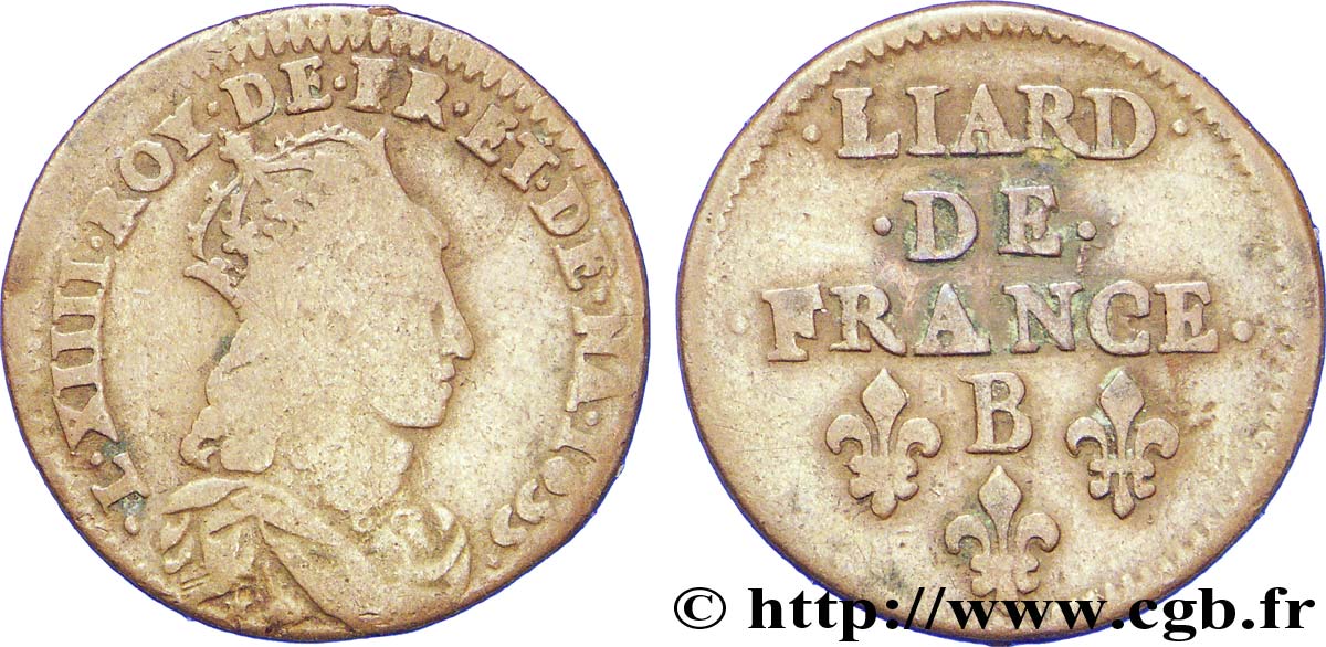 LOUIS XIV LE GRAND OU LE ROI SOLEIL Liard de cuivre, 2e type 1655 Pont-de-l’Arche TB