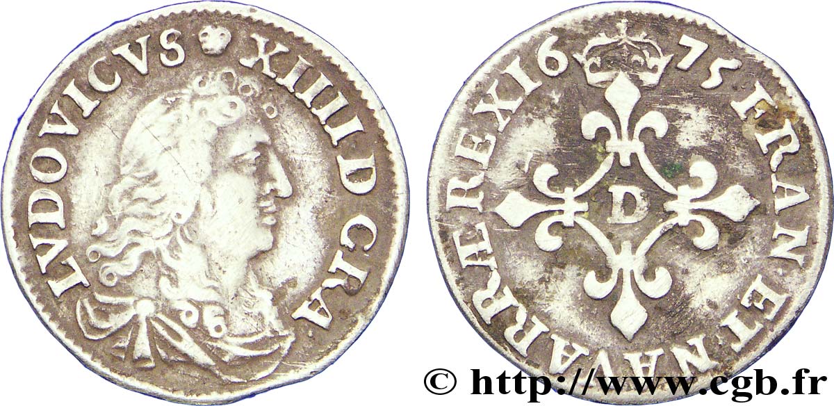 LOUIS XIV LE GRAND OU LE ROI SOLEIL Quatre sols à la croix formée de lis 1675 Vimy-en-Lyonnais (actuellement Neuville-sur-Saône) TTB/TB+