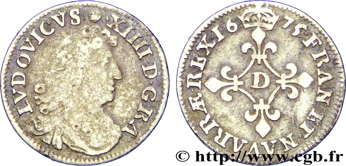 LOUIS XIV LE GRAND OU LE ROI SOLEIL Quatre sols à la croix formée de lis 1675 Vimy-en-Lyonnais (actuellement Neuville-sur-Saône) TB/TB+