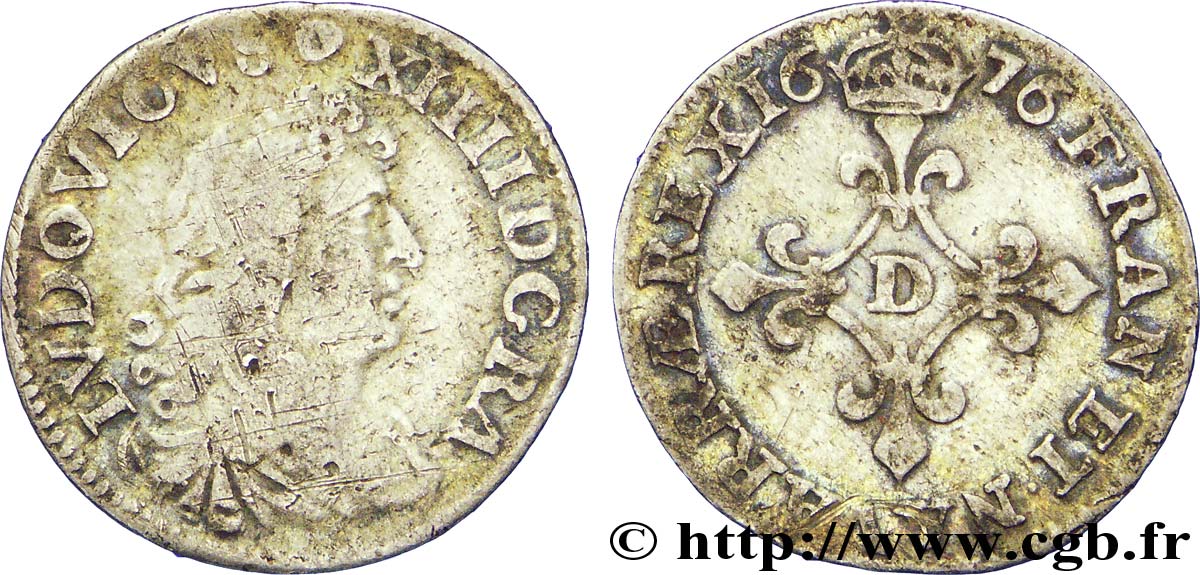 LOUIS XIV  THE SUN KING  Quatre sols à la croix formée de lis 1676 Lyon ou Vimy-en-Lyonnais VF/VF