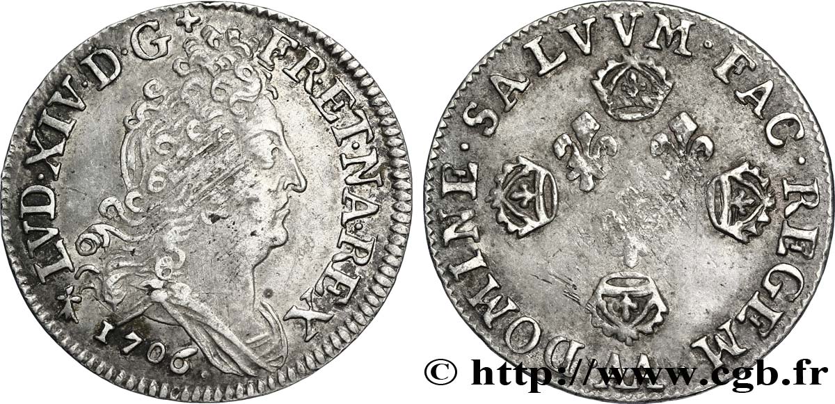 LOUIS XIV  THE SUN KING  Dix sols aux quatre couronnes 1706 Metz BB/q.BB