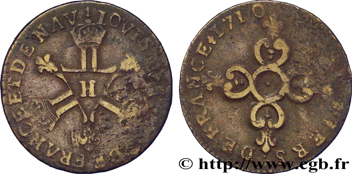 LOUIS XIV LE GRAND OU LE ROI SOLEIL Six deniers dits  Dardenne  1710 La Rochelle TTB/TB+