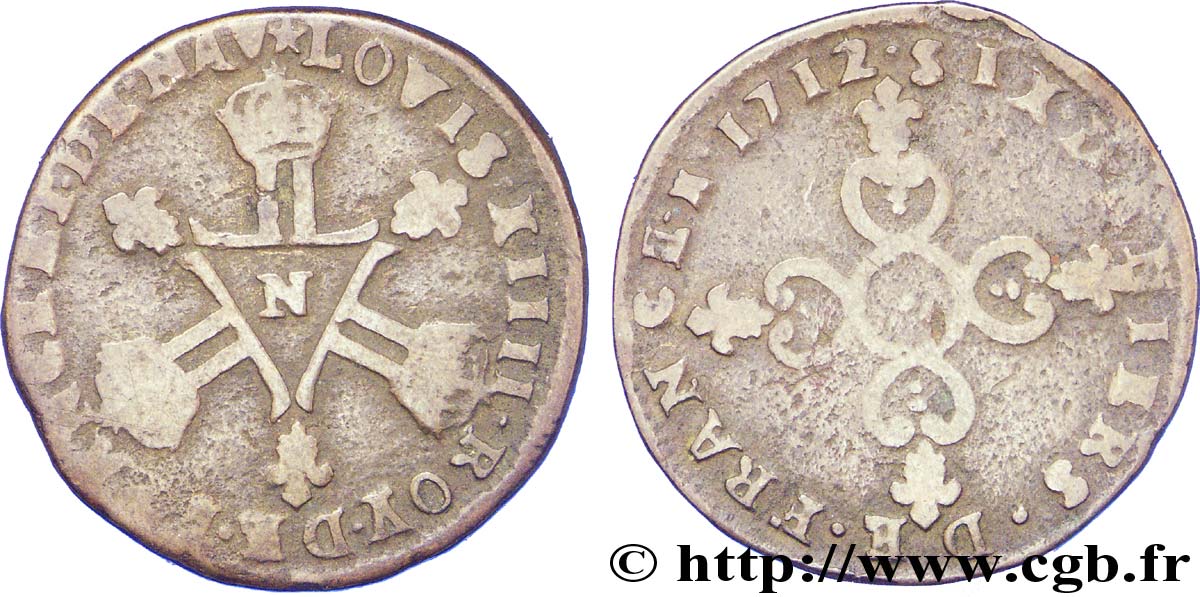 LOUIS XIV LE GRAND OU LE ROI SOLEIL Six deniers dits  Dardenne  1712 Montpellier TB
