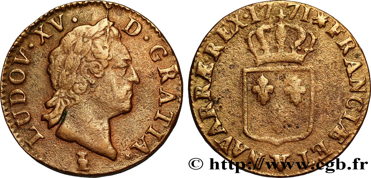 LOUIS XV DIT LE BIEN AIMÉ Sol dit “à la vieille tête” 1771 Troyes TTB/TB