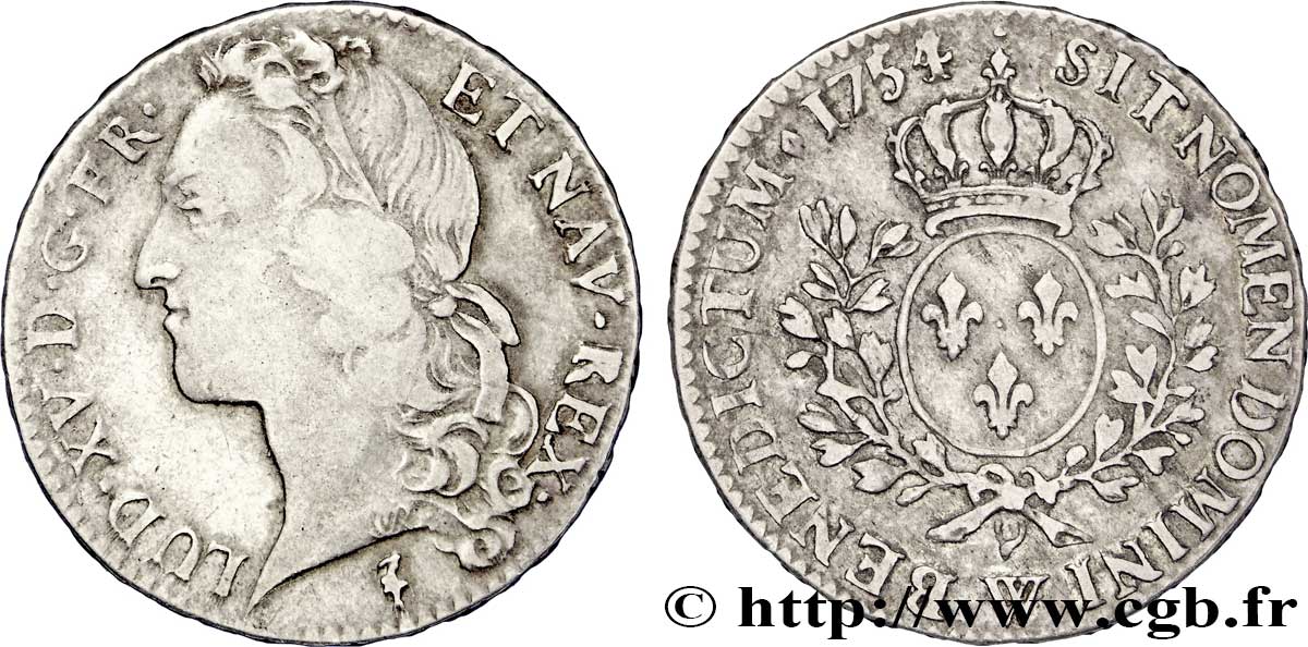 LOUIS XV DIT LE BIEN AIMÉ Demi-écu aux branches d’olivier, tête ceinte d’un bandeau 1754 Lille TB+/TTB