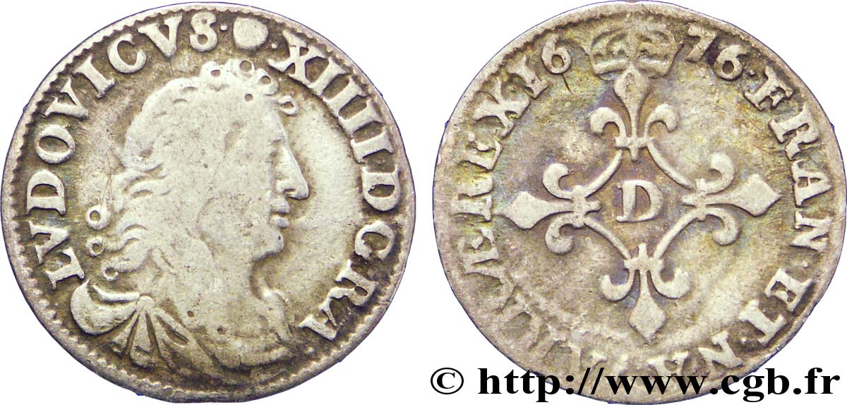 LOUIS XIV LE GRAND OU LE ROI SOLEIL Quatre sols à la croix formée de lis 1676 Vimy-en-Lyonnais (actuellement Neuville-sur-Saône) TB+