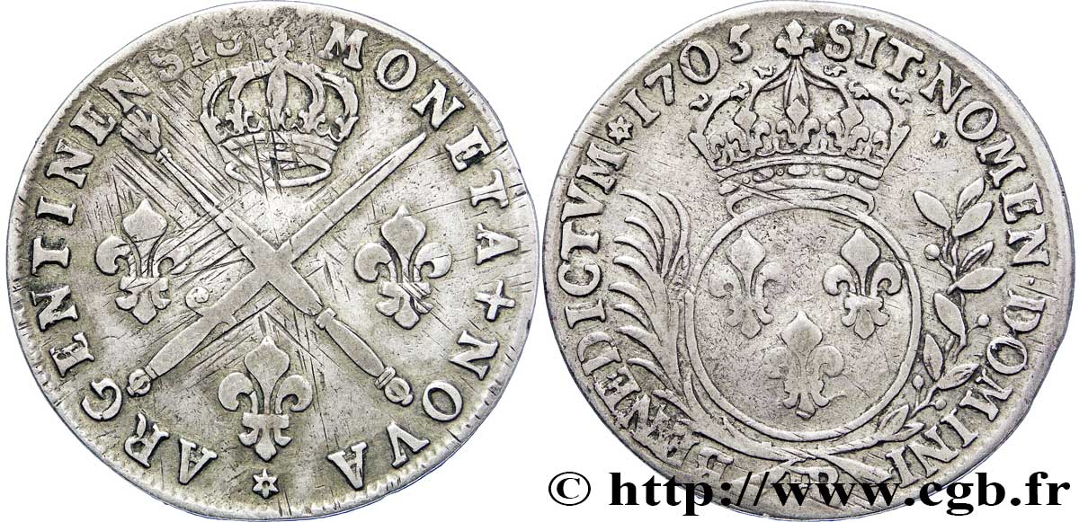 LOUIS XIV  THE SUN KING  Trente-trois sols aux insignes 1705 Strasbourg BC+