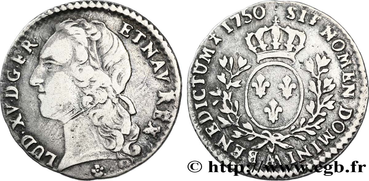 LOUIS XV THE BELOVED Dixième d écu aux branches d’olivier, tête ceinte d’un bandeau 1750 Metz VF