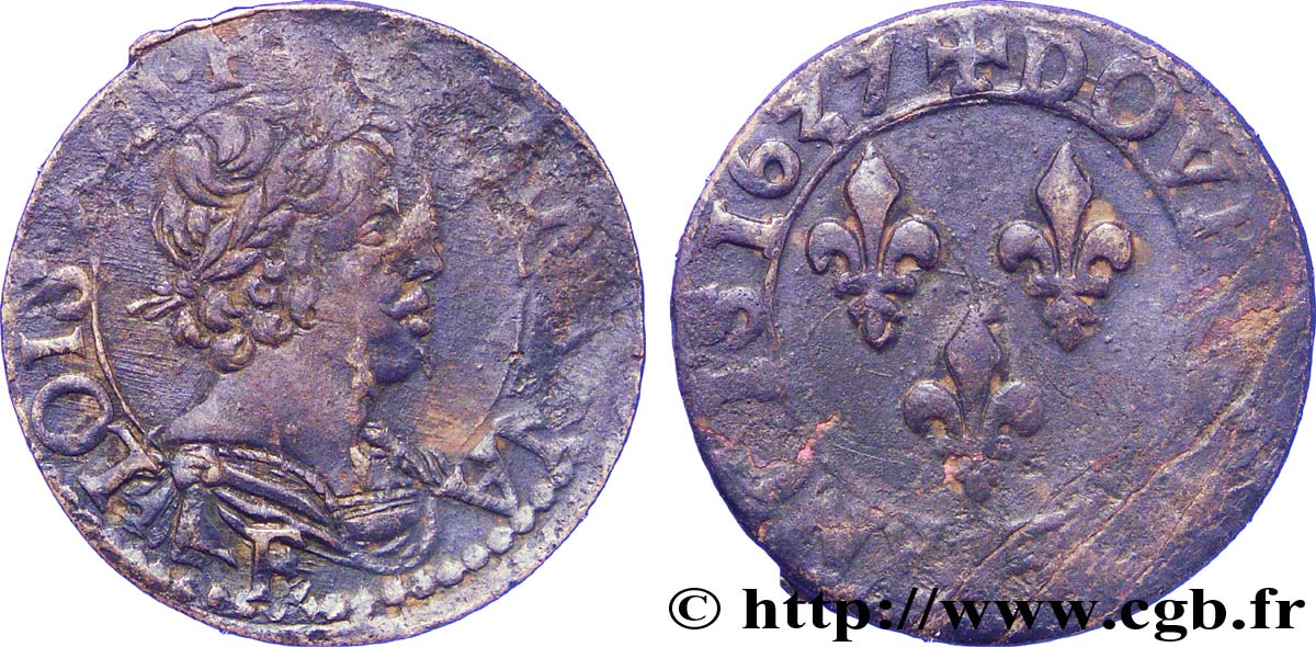 LOUIS XIII  Double tournois, 9e type 1637 Tours VF