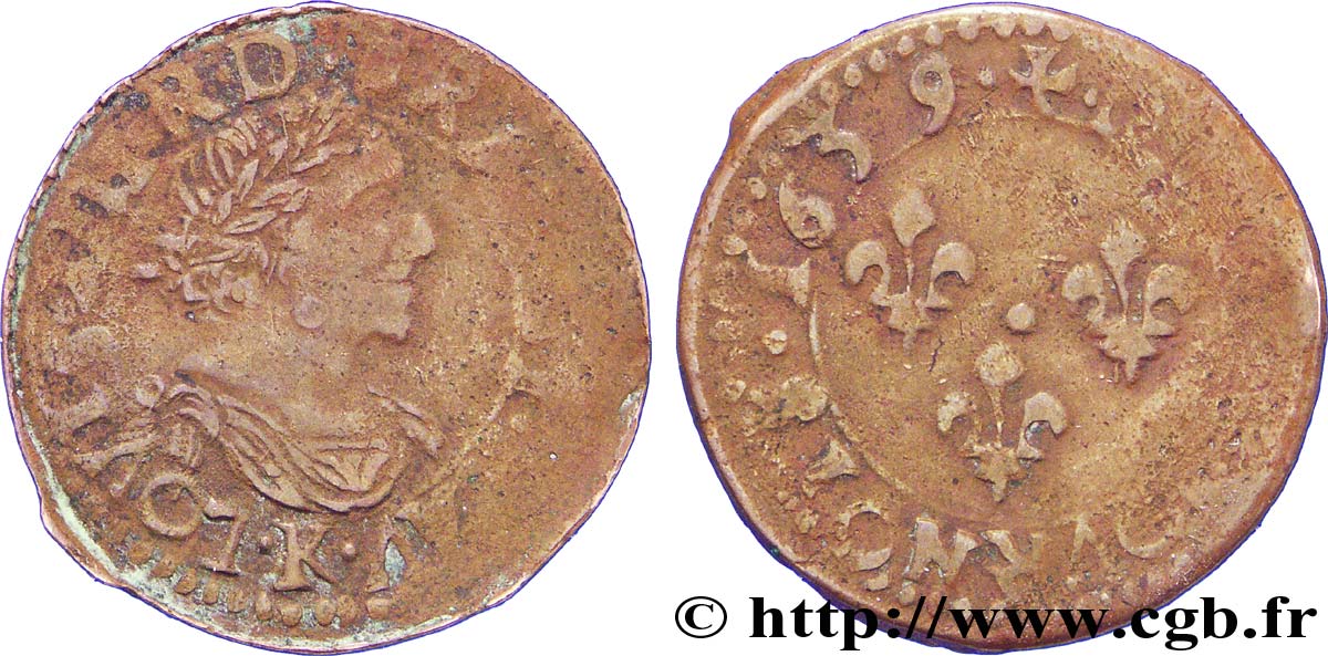 LOUIS XIII LE JUSTE Double tournois, type 14 1639 Bordeaux TB+