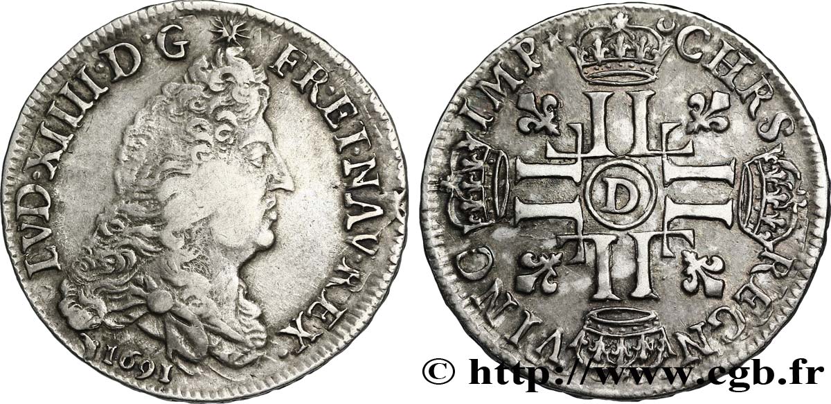LOUIS XIV LE GRAND OU LE ROI SOLEIL Demi-écu aux huit L, 1er type 1691 Lyon TB+/TTB+
