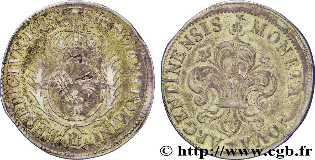 LOUIS XIV LE GRAND OU LE ROI SOLEIL 35 sols aux palmes 1694 Strasbourg TB+/TB