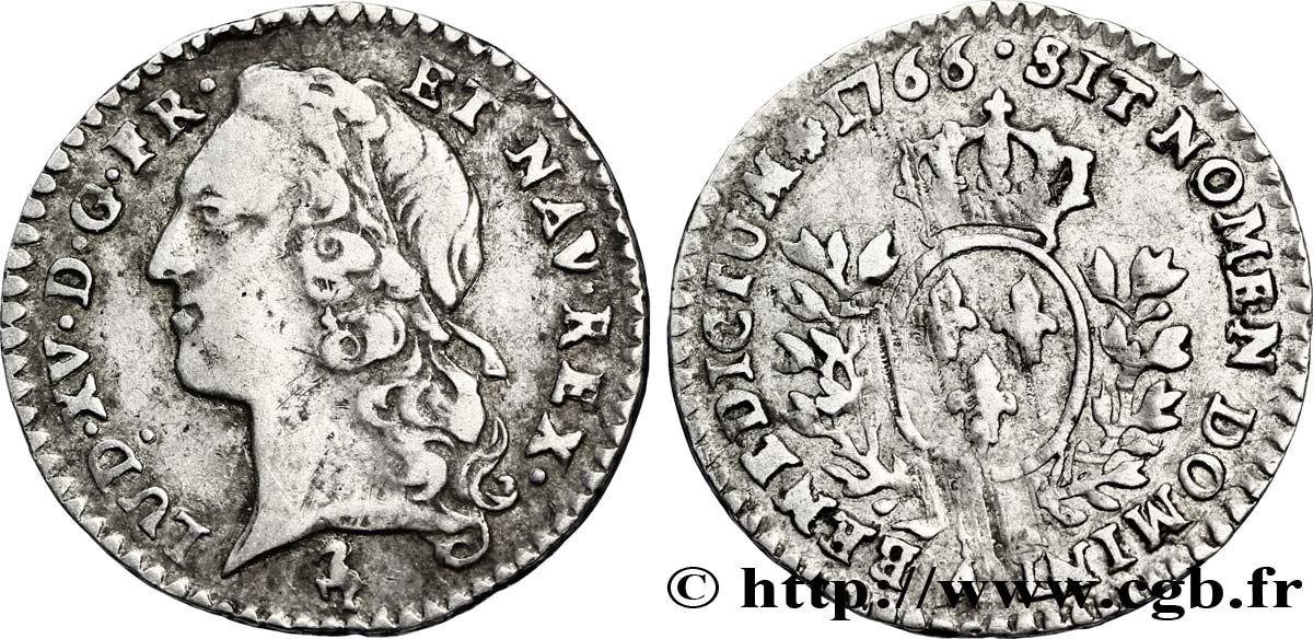 LOUIS XV DIT LE BIEN AIMÉ Vingtième d&nbsp;écu aux branches d’olivier, tête ceinte d’un bandeau 1766 Paris TB