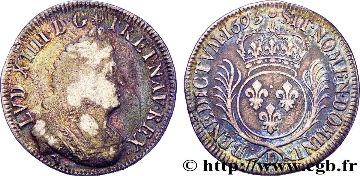 LOUIS XIV &nbsp;THE SUN KING&nbsp; Demi-écu aux palmes 1695 Lyon VF/XF