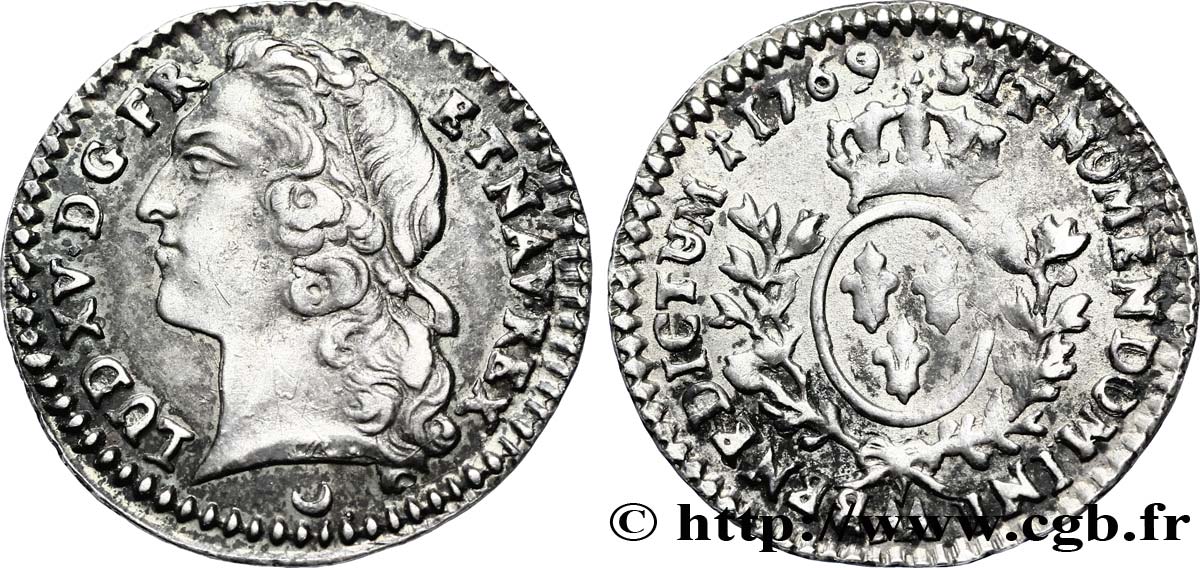LOUIS XV DIT LE BIEN AIMÉ Vingtième d&nbsp;écu aux branches d’olivier, tête ceinte d’un bandeau 1769  Metz SUP/TTB