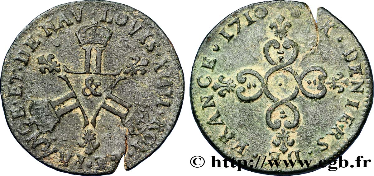 LOUIS XIV LE GRAND OU LE ROI SOLEIL Pièce de six deniers 1710 Aix-en-Provence TTB