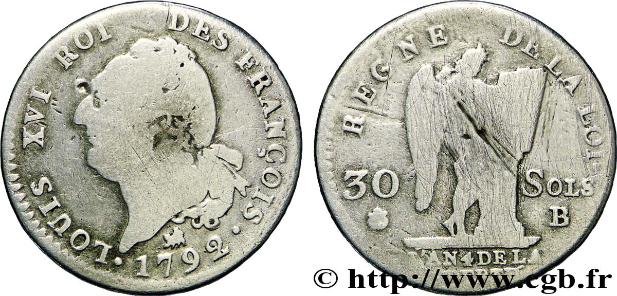 LOUIS XVI (MONARQUE CONSTITUTIONNEL)  30 sols dit &nbsp;au génie&nbsp;, type FRANÇOIS 1792 Rouen AB