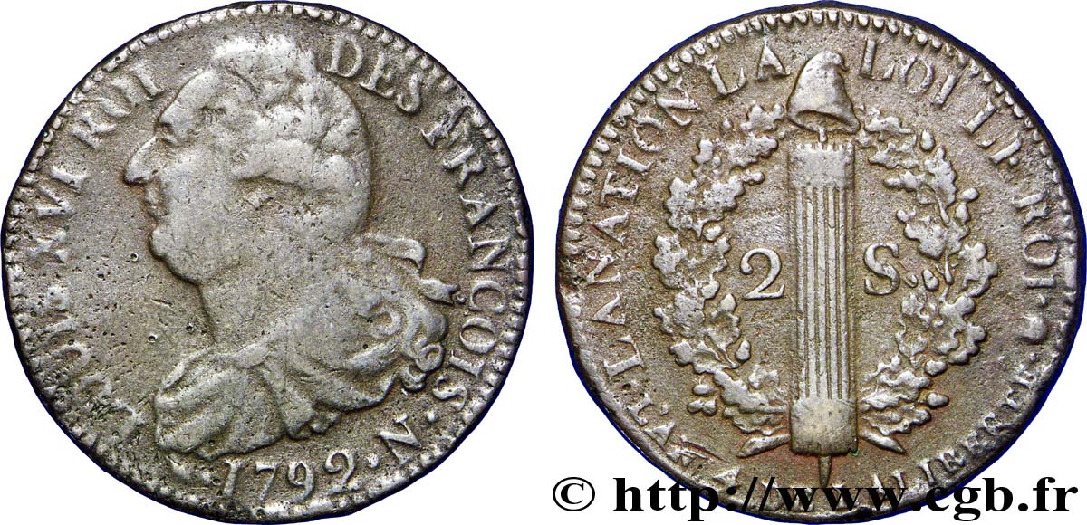 LOUIS XVI (MONARQUE CONSTITUTIONNEL)  2 sols dit  au faisceau , type FRANÇOIS 1792 Montpellier TB/TB+