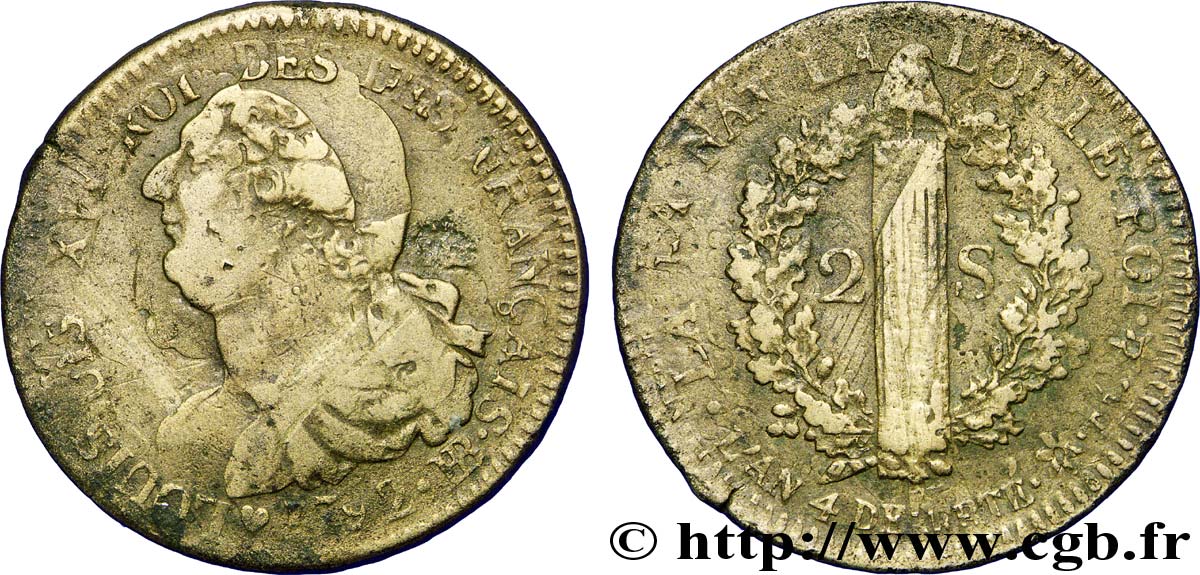 LOUIS XVI (MONARQUE CONSTITUTIONNEL)  2 sols dit &nbsp;au faisceau&nbsp;, type FRANÇAIS 1792 Strasbourg TB