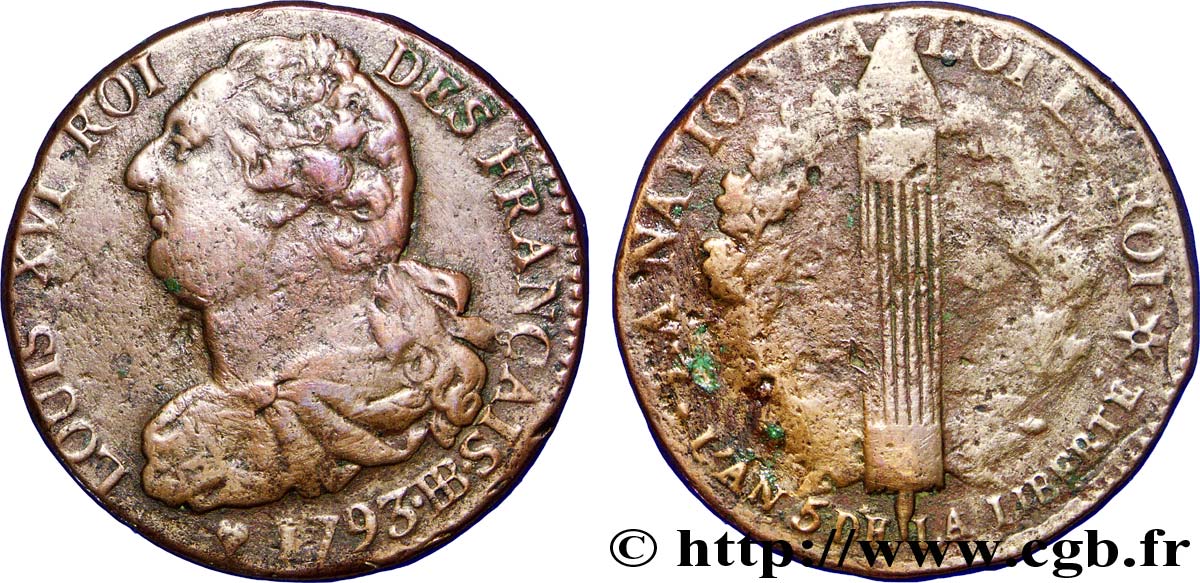 LOUIS XVI (MONARQUE CONSTITUTIONNEL)  2 sols dit &nbsp;au faisceau&nbsp;, type FRANÇAIS 1793 Strasbourg TB+