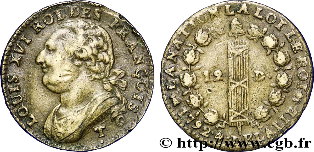 LOUIS XVI (MONARQUE CONSTITUTIONNEL)  12 deniers dit &nbsp;au faisceau&nbsp;, type FRANÇOIS 1792 Saumur TTB