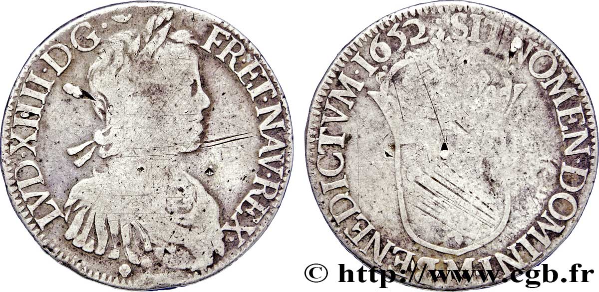 LOUIS XIV LE GRAND OU LE ROI SOLEIL Écu, portrait à la mèche longue 1652 Toulouse B