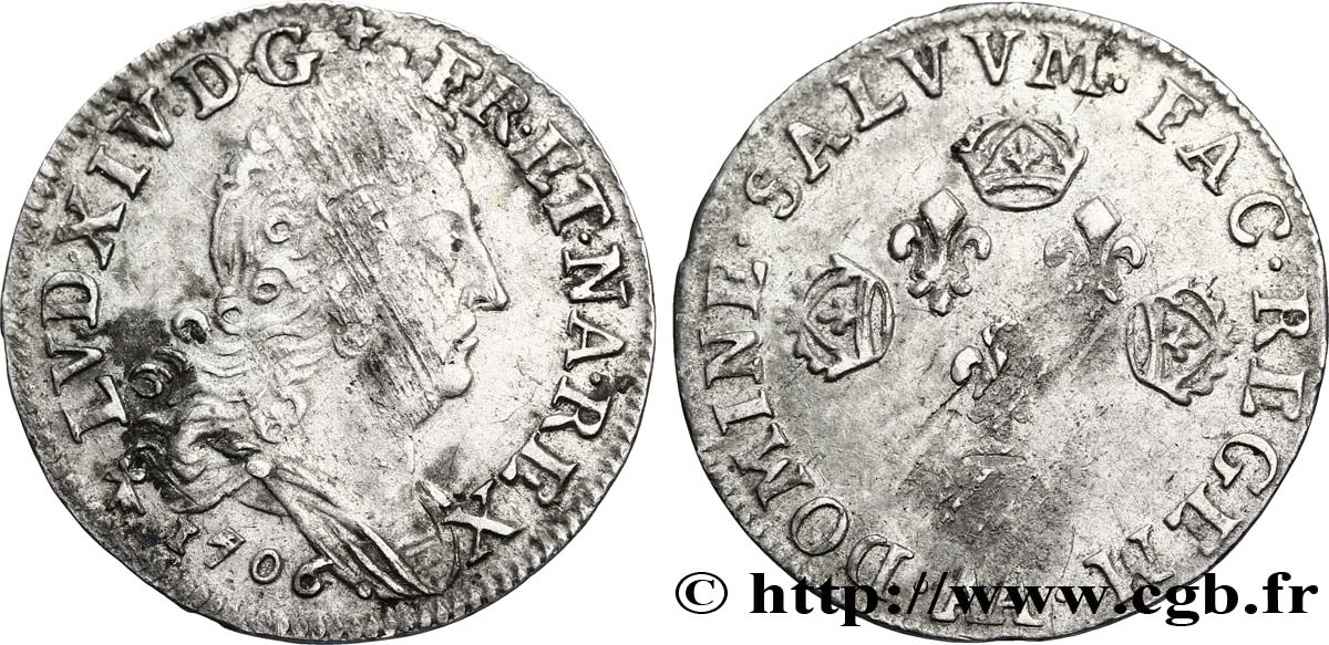 LOUIS XIV LE GRAND OU LE ROI SOLEIL Dix sols aux quatre couronnes 1706 Metz TB+