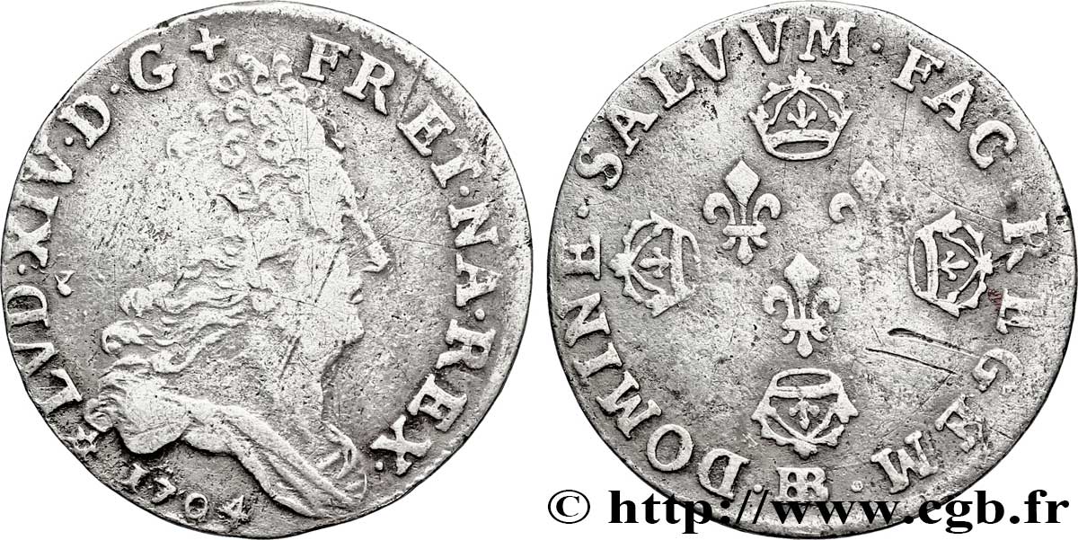 LOUIS XIV LE GRAND OU LE ROI SOLEIL Dix sols aux quatre couronnes 1704 Strasbourg TB/TB+