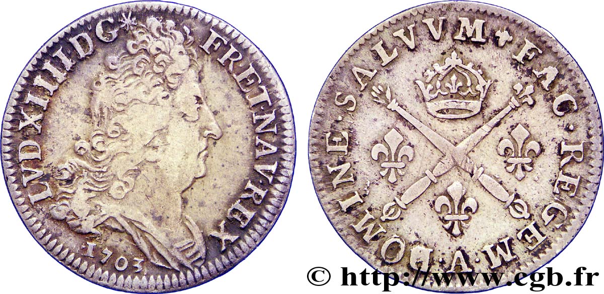 LOUIS XIV  THE SUN KING  10 sols aux insignes 1703 Paris BC+