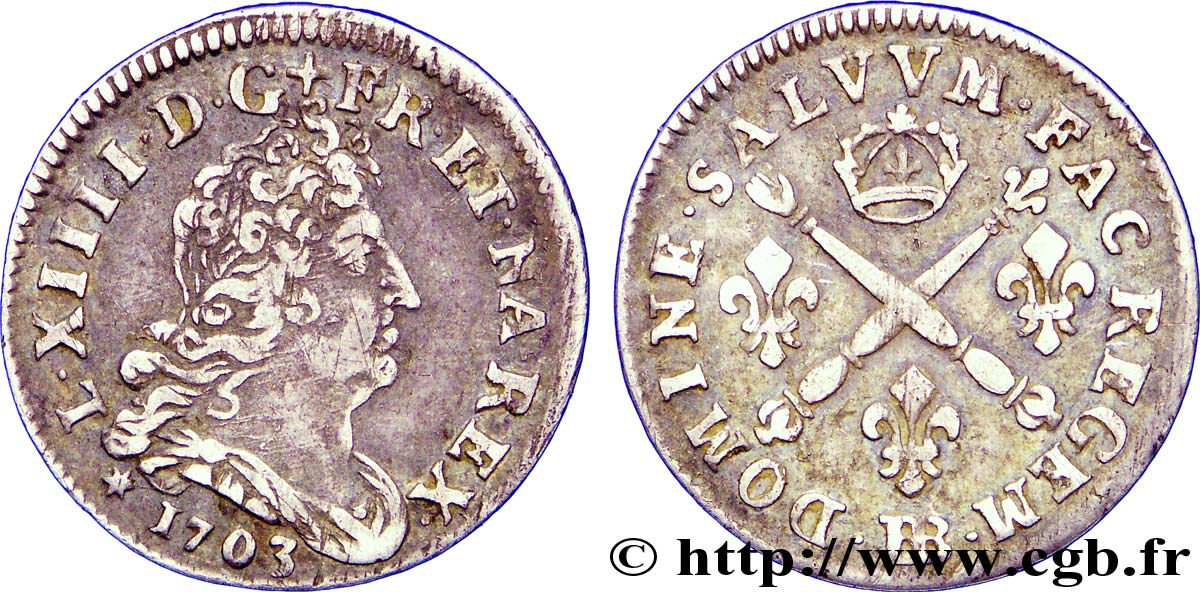 LOUIS XIV LE GRAND OU LE ROI SOLEIL Cinq sols aux insignes 1703 Strasbourg TB+