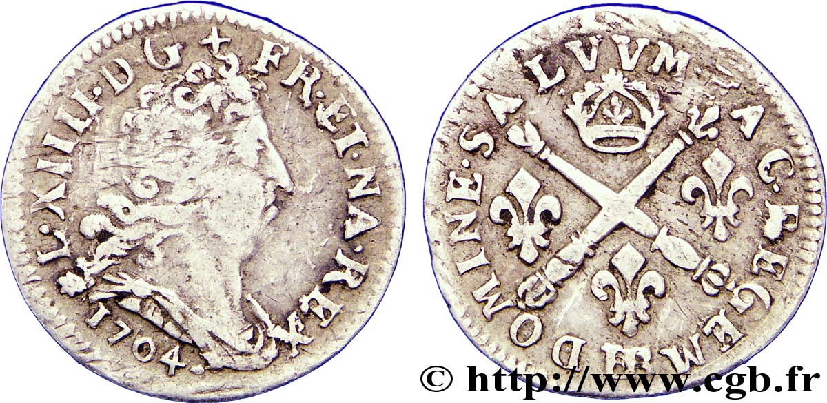 LOUIS XIV  THE SUN KING  Cinq sols aux insignes 1704 Strasbourg MB/q.BB