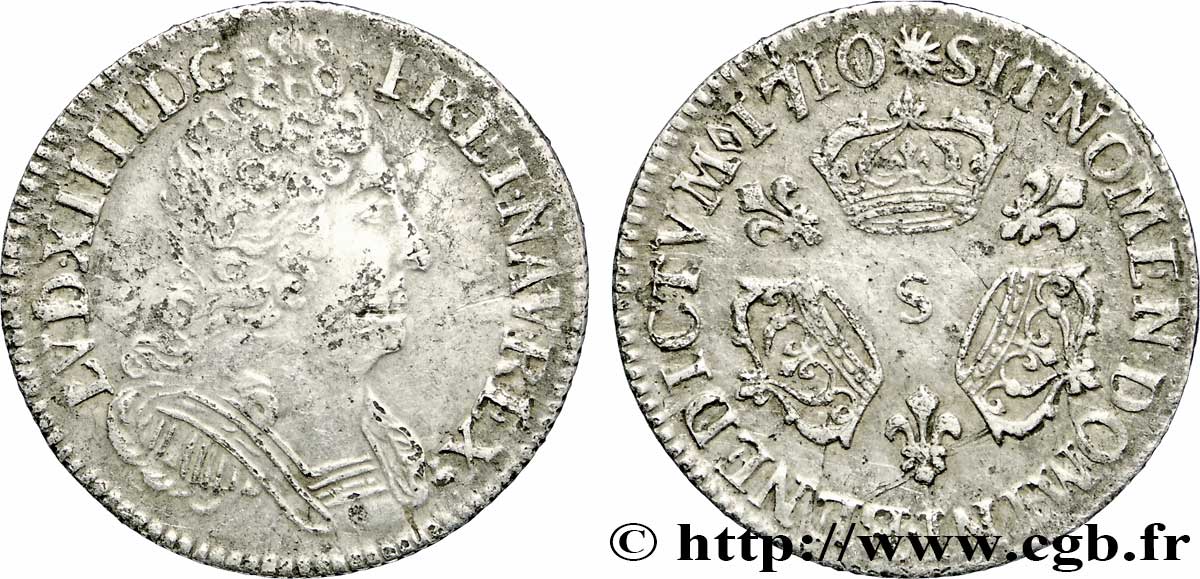 LOUIS XIV LE GRAND OU LE ROI SOLEIL Dixième d&nbsp;écu aux trois couronnes 1710 Reims TB+