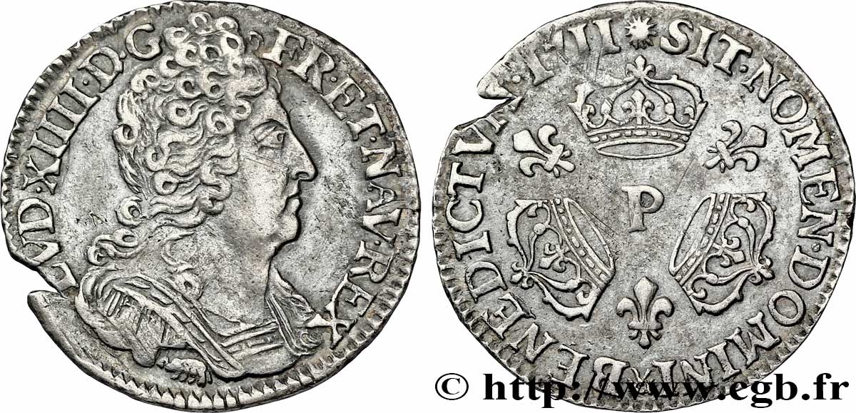 LOUIS XIV LE GRAND OU LE ROI SOLEIL Dixième d&nbsp;écu aux trois couronnes 1711 Dijon TTB