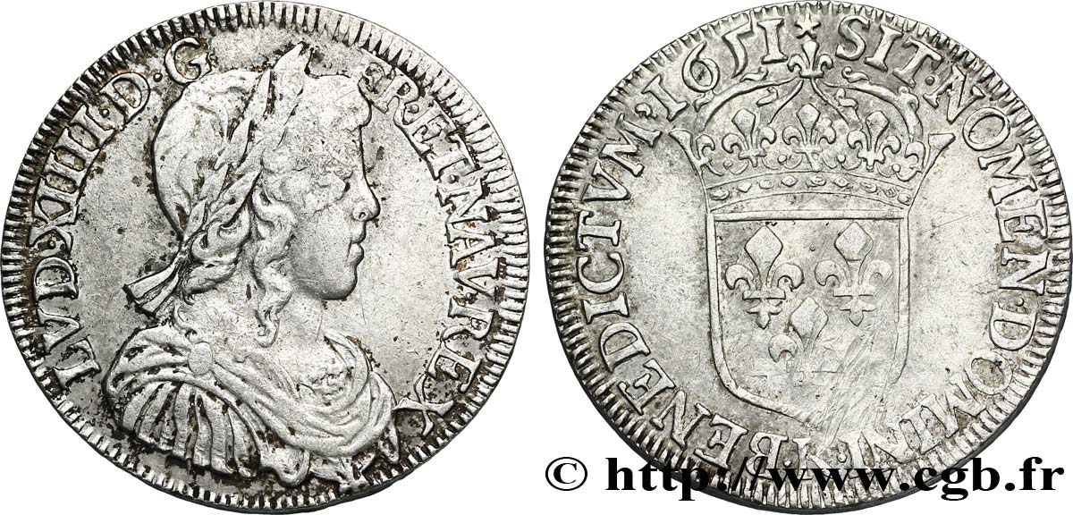 LOUIS XIV LE GRAND OU LE ROI SOLEIL Demi-écu, portrait à la mèche longue 1651 Bordeaux TTB/TB+