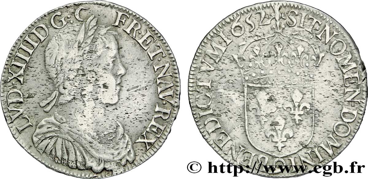 LOUIS XIV LE GRAND OU LE ROI SOLEIL Demi-écu, portrait à la mèche longue 1652 Rennes TB+