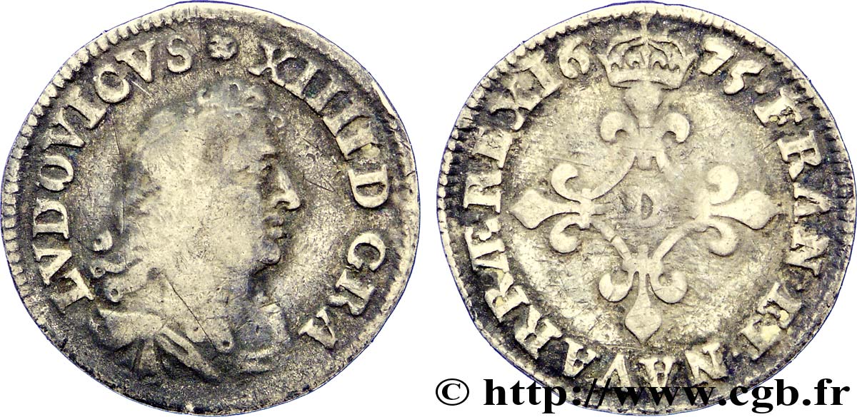 LOUIS XIV LE GRAND OU LE ROI SOLEIL Quatre sols à la croix formée de lis 1675 Vimy-en-Lyonnais (actuellement Neuville-sur-Saône) TB