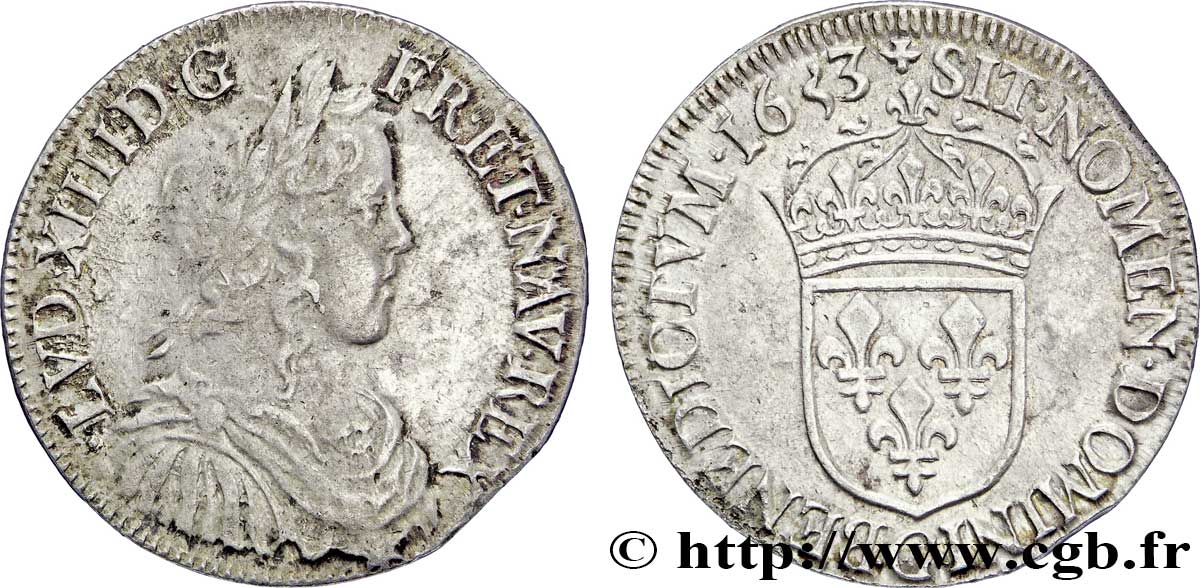 LOUIS XIV LE GRAND OU LE ROI SOLEIL Demi-écu, portrait à la mèche longue 1653 Poitiers TTB