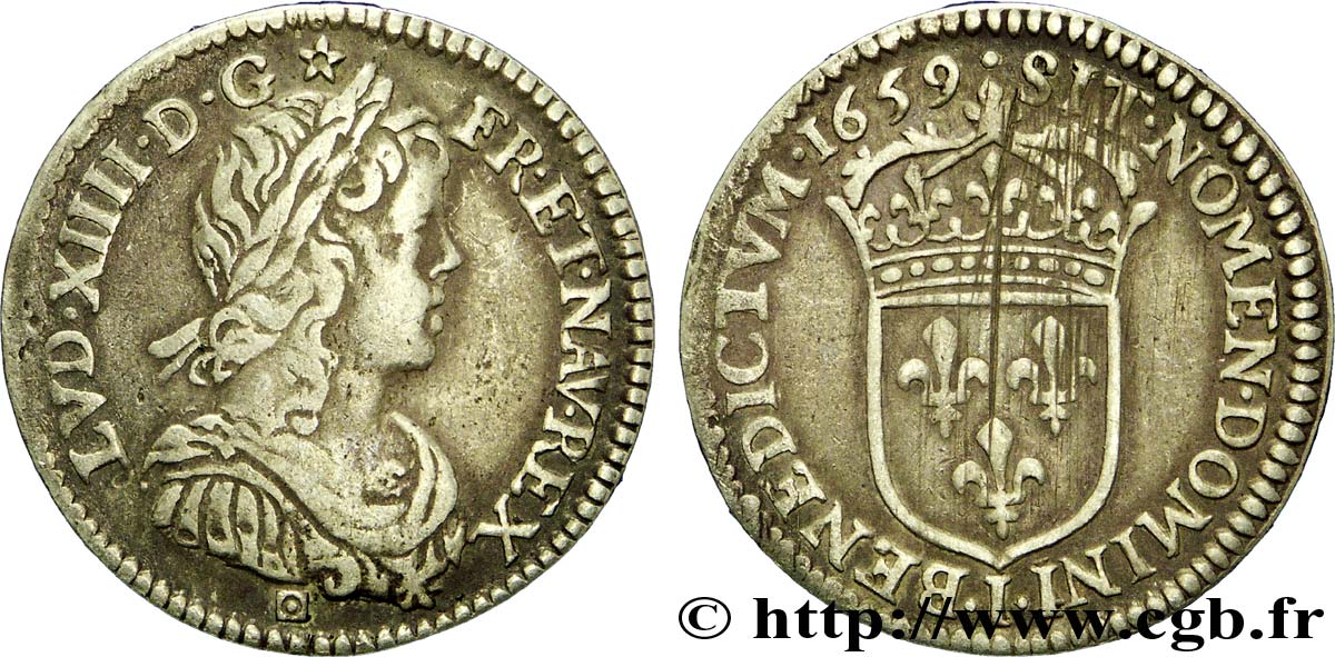 LOUIS XIV  THE SUN KING  Douzième d écu, portrait à la mèche longue 1659 Limoges VF