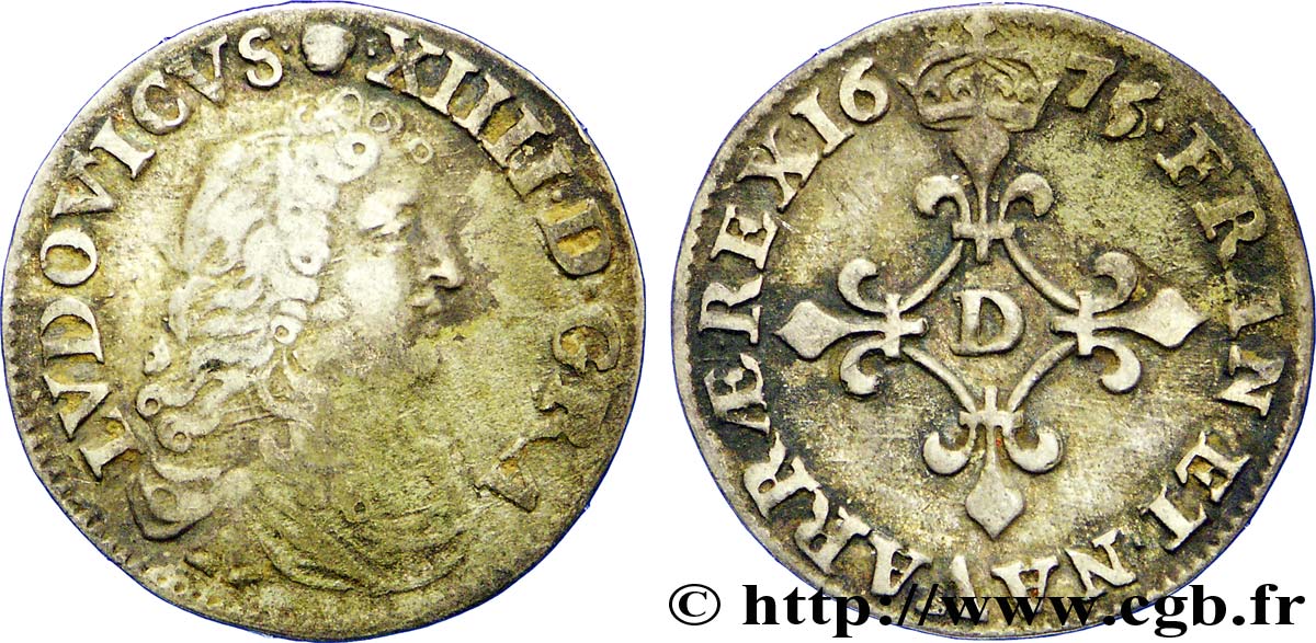 LOUIS XIV LE GRAND OU LE ROI SOLEIL Quatre sols à la croix formée de lis 1675 Vimy-en-Lyonnais (actuellement Neuville-sur-Saône) TB/TB+